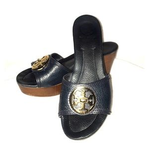 Navy Blue Tory Burch Wedge Slides, Size 8